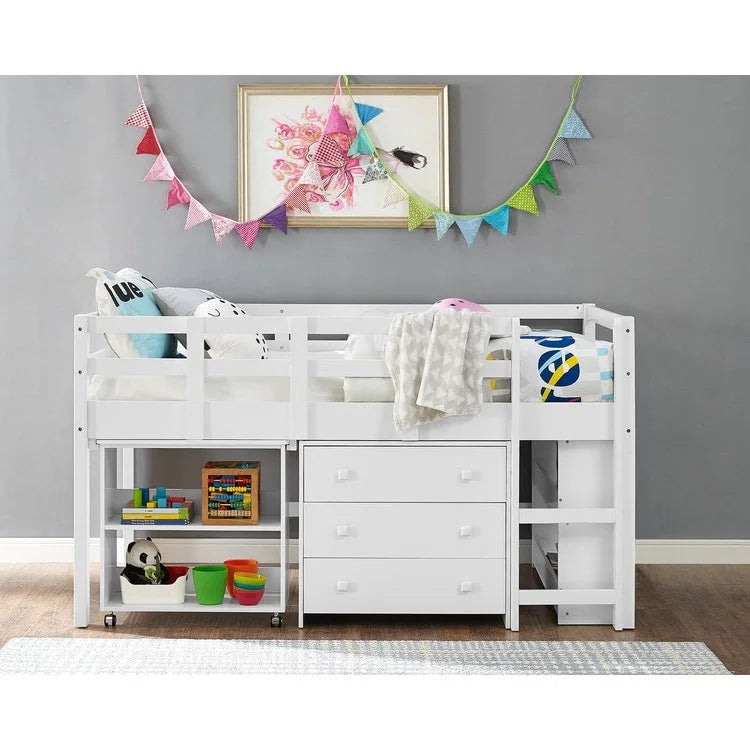 Lit mezzanine bas jumeau avec bureau et rangement, marine/blanc, 1 personne (jumeau)