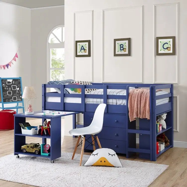 Lit mezzanine bas jumeau avec bureau et rangement, marine/blanc, 1 personne (jumeau)