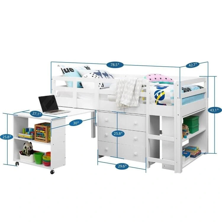 Lit mezzanine bas jumeau avec bureau et rangement, marine/blanc, 1 personne (jumeau)