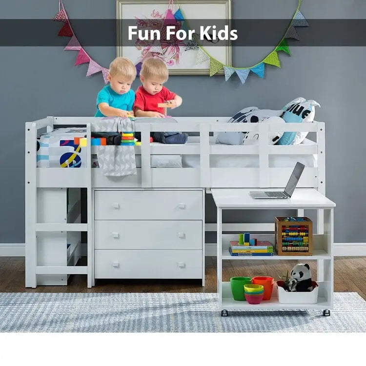 Lit mezzanine bas jumeau avec bureau et rangement, marine/blanc, 1 personne (jumeau)