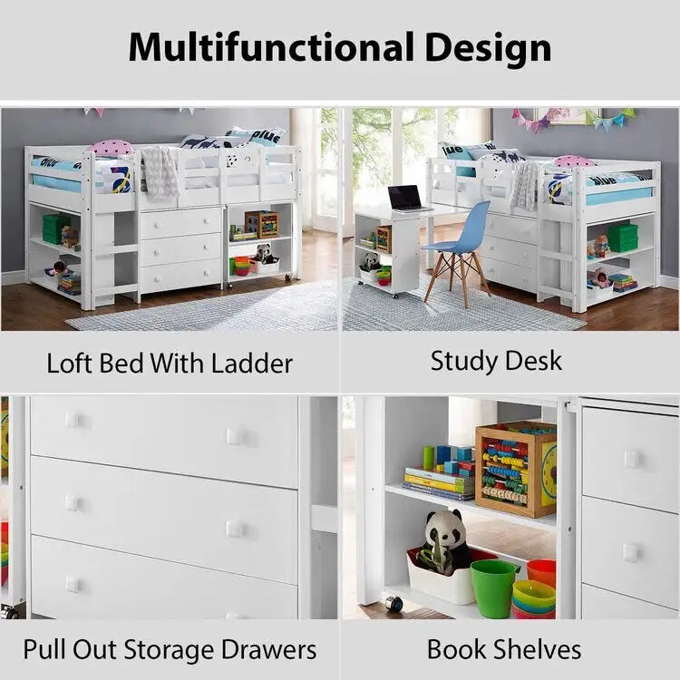Lit mezzanine bas jumeau avec bureau et rangement, marine/blanc, 1 personne (jumeau)