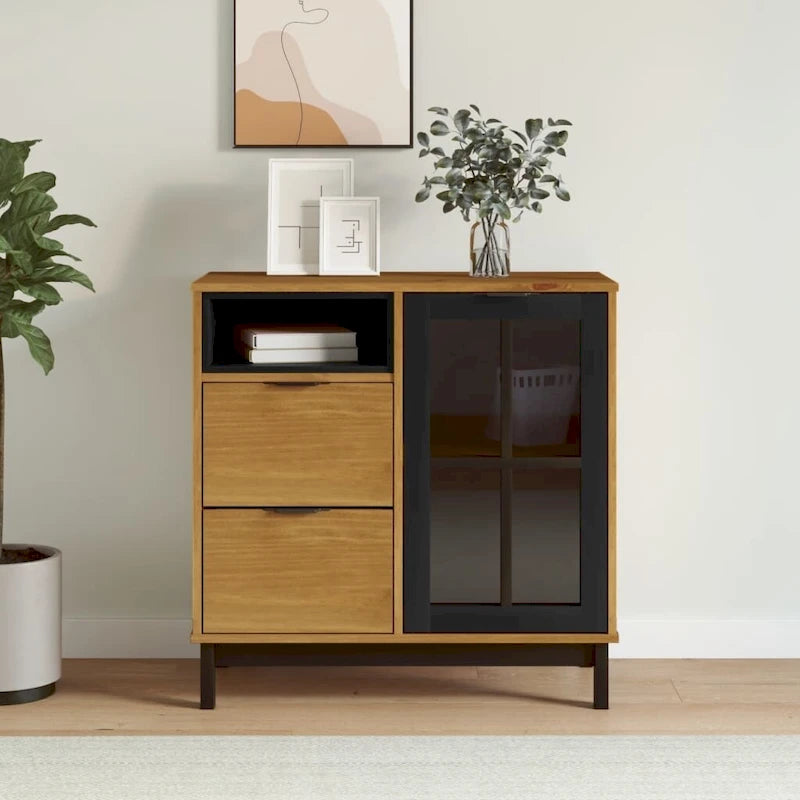 Buffet en pin massif marron avec porte vitrée et 2 tiroirs, 80x40x80 cm.