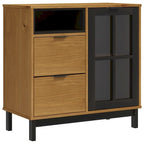 Buffet en pin massif marron avec porte vitrée et 2 tiroirs, 80x40x80 cm.