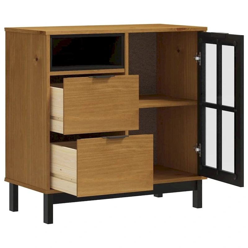 Buffet en pin massif marron avec porte vitrée et 2 tiroirs, 80x40x80 cm.