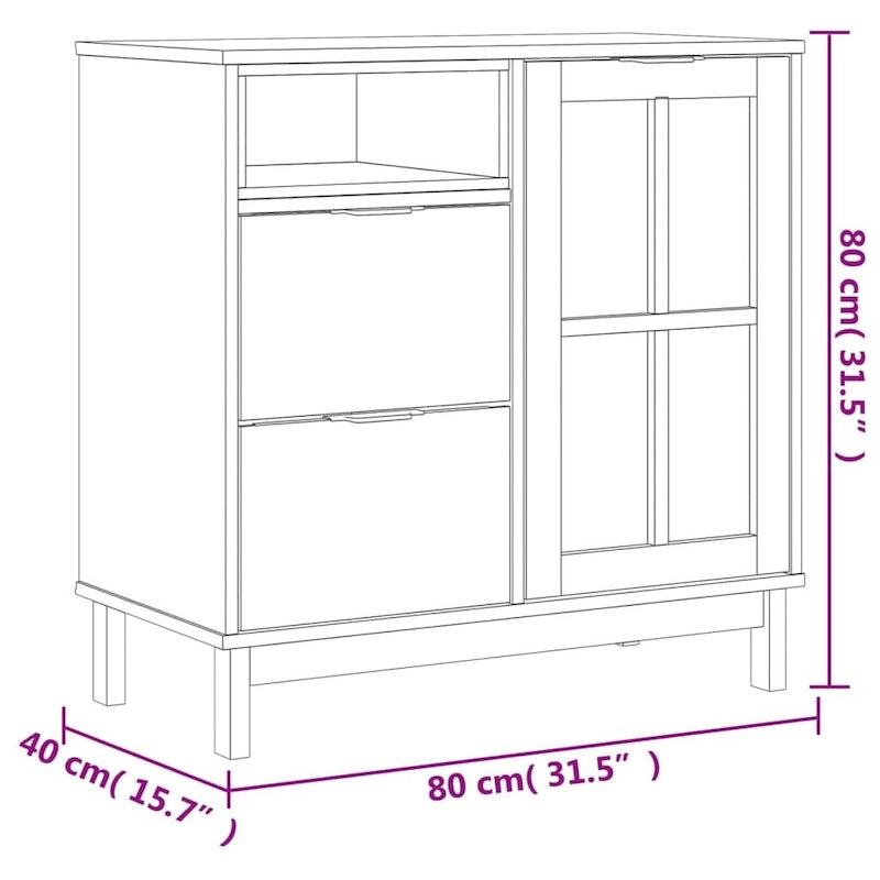 Buffet en pin massif marron avec porte vitrée et 2 tiroirs, 80x40x80 cm.