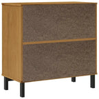 Buffet en pin massif marron avec porte vitrée et 2 tiroirs, 80x40x80 cm.