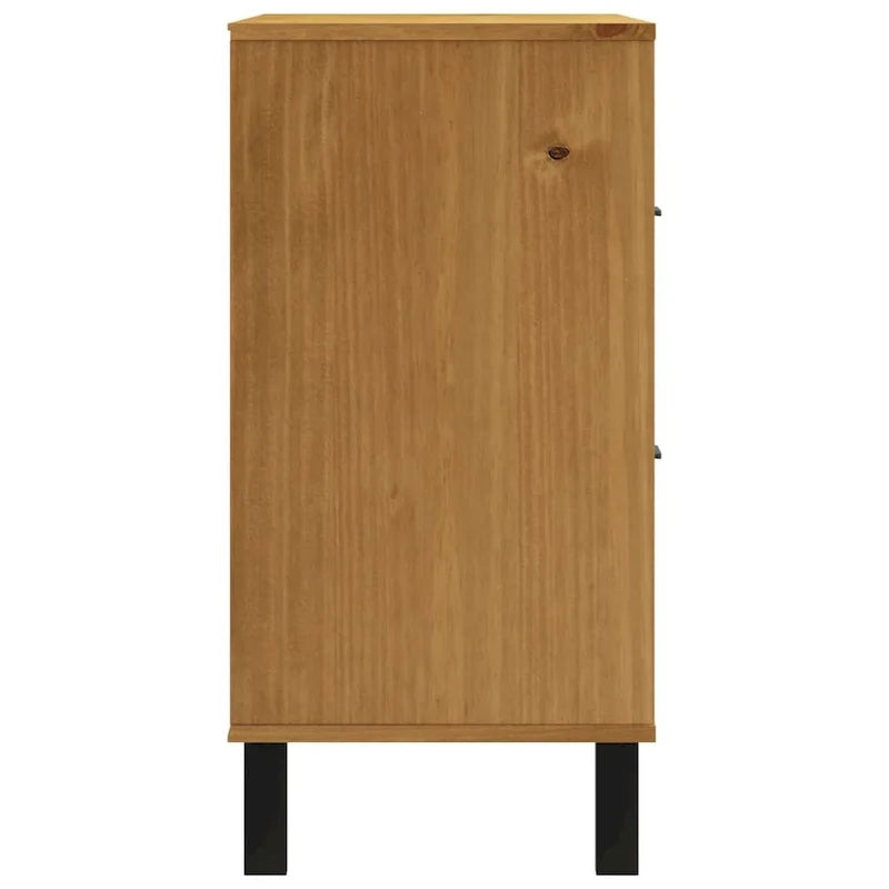 Buffet en pin massif marron avec porte vitrée et 2 tiroirs, 80x40x80 cm.