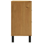 Buffet en pin massif marron avec porte vitrée et 2 tiroirs, 80x40x80 cm.