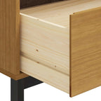 Buffet en pin massif marron avec porte vitrée et 2 tiroirs, 80x40x80 cm.