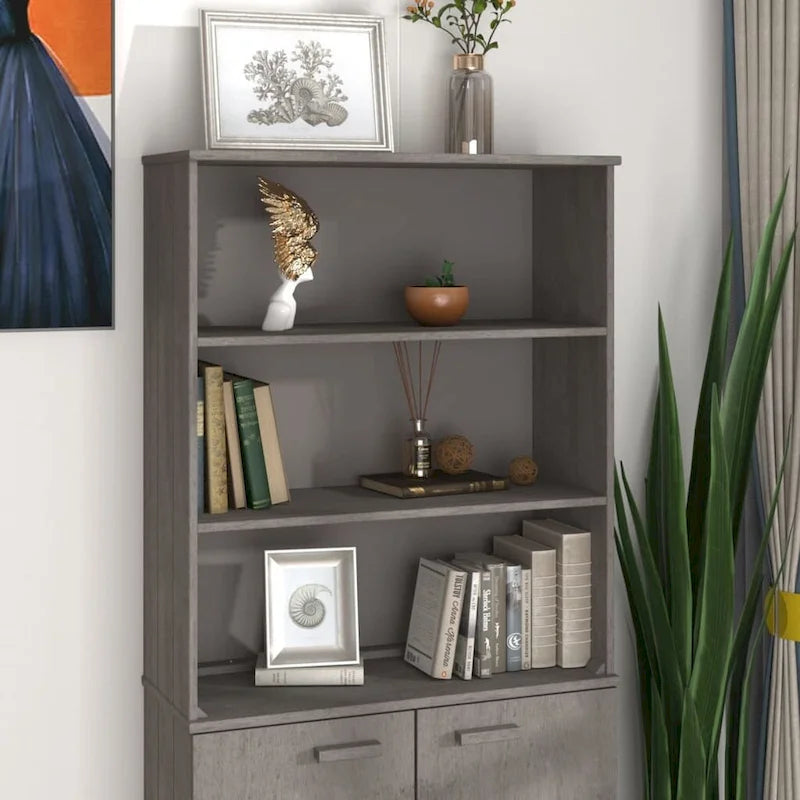 Dessus d'armoire en pin massif avec 2 étagères – Blanc / Gris foncé / Brun miel / Gris clair