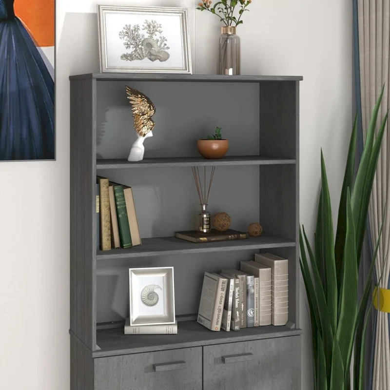 Dessus d'armoire en pin massif avec 2 étagères – Blanc / Gris foncé / Brun miel / Gris clair