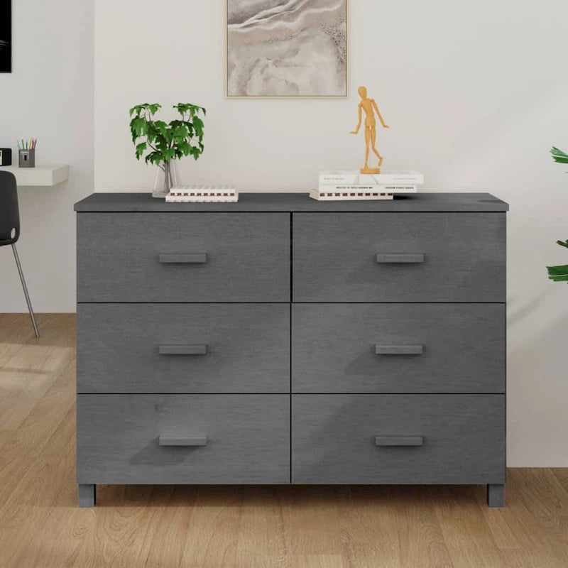 Buffet 6 tiroirs gris foncé, pin massif et MDF, 113 × 40 × 80 cm