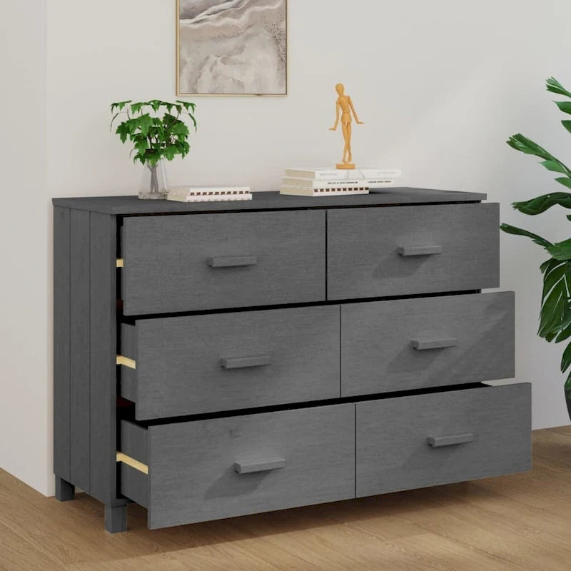 Buffet 6 tiroirs gris foncé, pin massif et MDF, 113 × 40 × 80 cm