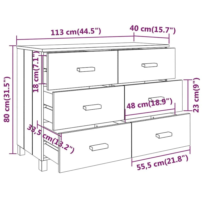 Buffet 6 tiroirs gris foncé, pin massif et MDF, 113 × 40 × 80 cm