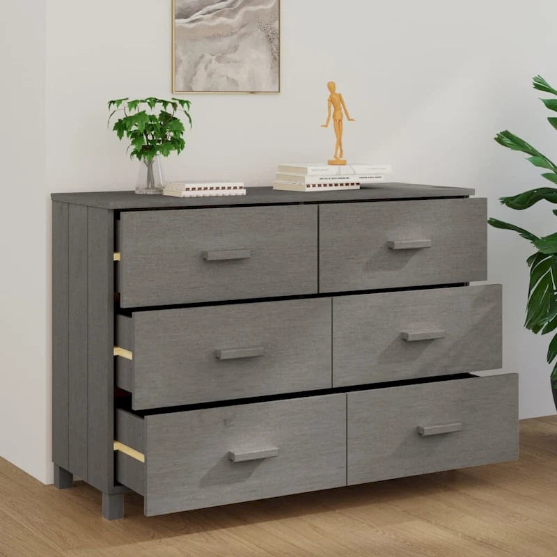 Buffet 6 tiroirs gris foncé, pin massif et MDF, 113 × 40 × 80 cm