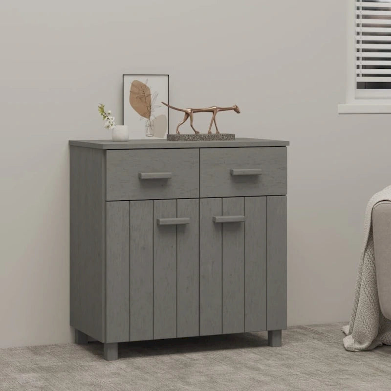 Buffet en pin massif gris clair/blanc avec 2 portes et 2 tiroirs, montage par 1 personne