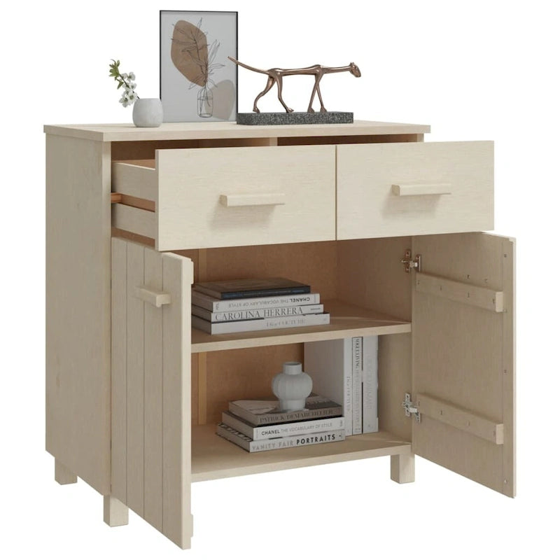 Buffet en pin massif gris clair/blanc avec 2 portes et 2 tiroirs, montage par 1 personne