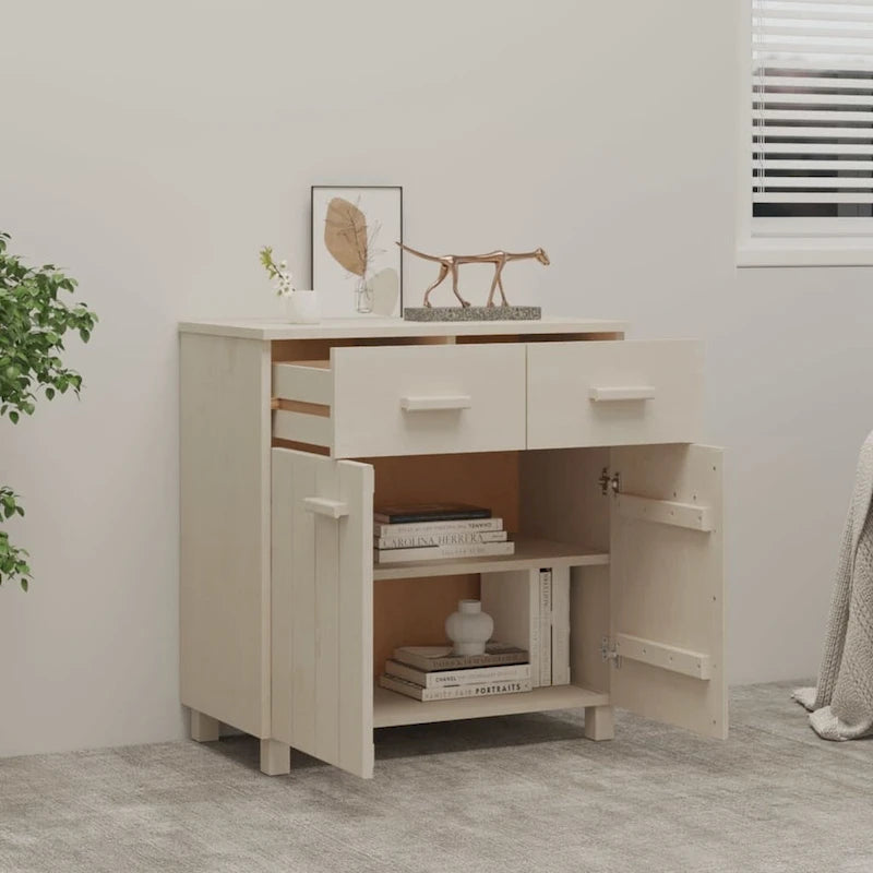 Buffet en pin massif gris clair/blanc avec 2 portes et 2 tiroirs, montage par 1 personne