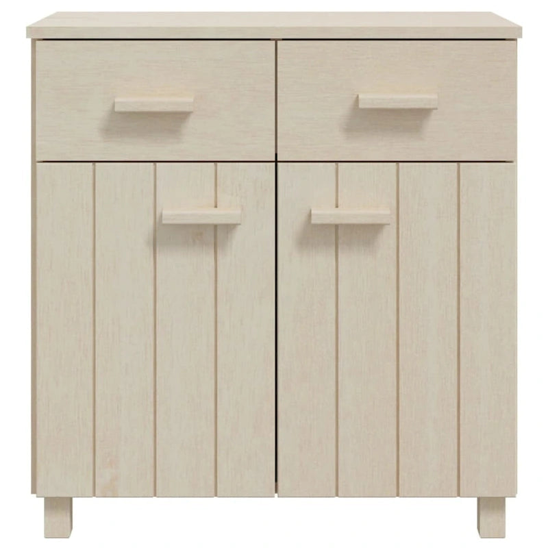 Buffet en pin massif gris clair/blanc avec 2 portes et 2 tiroirs, montage par 1 personne