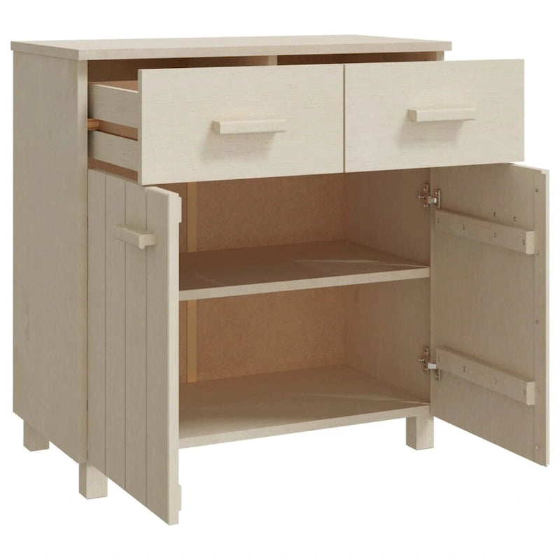 Buffet en pin massif gris clair/blanc avec 2 portes et 2 tiroirs, montage par 1 personne