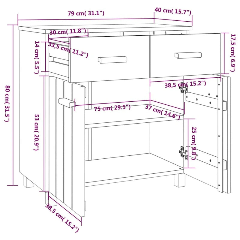 Buffet en pin massif gris clair/blanc avec 2 portes et 2 tiroirs, montage par 1 personne
