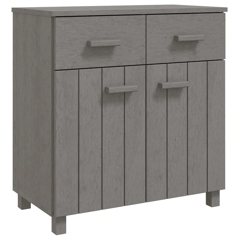 Buffet en pin massif gris clair/blanc avec 2 portes et 2 tiroirs, montage par 1 personne