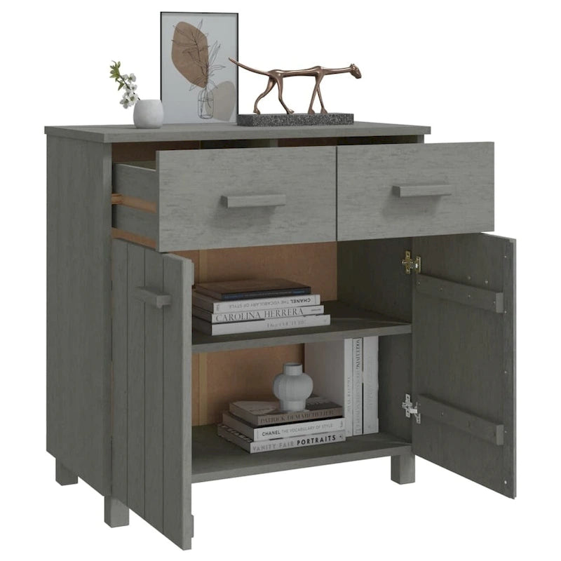 Buffet en pin massif gris clair/blanc avec 2 portes et 2 tiroirs, montage par 1 personne