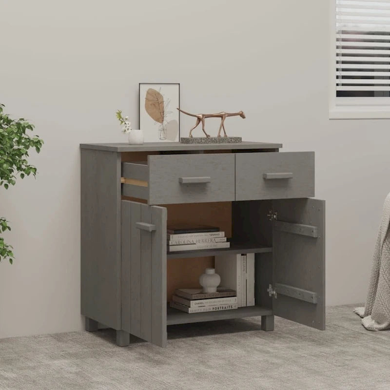 Buffet en pin massif gris clair/blanc avec 2 portes et 2 tiroirs, montage par 1 personne