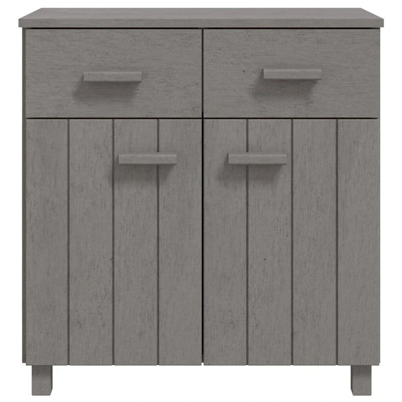 Buffet en pin massif gris clair/blanc avec 2 portes et 2 tiroirs, montage par 1 personne