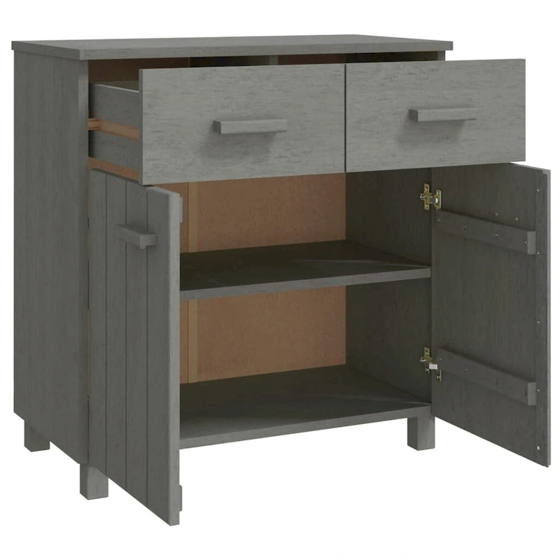Buffet en pin massif gris clair/blanc avec 2 portes et 2 tiroirs, montage par 1 personne