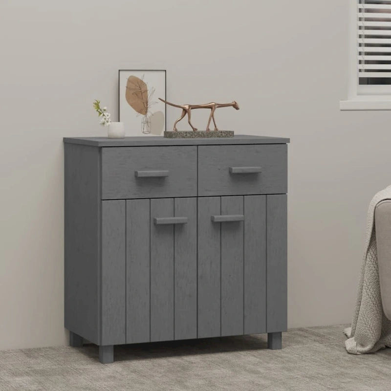 Buffet en pin massif gris clair/blanc avec 2 portes et 2 tiroirs, montage par 1 personne
