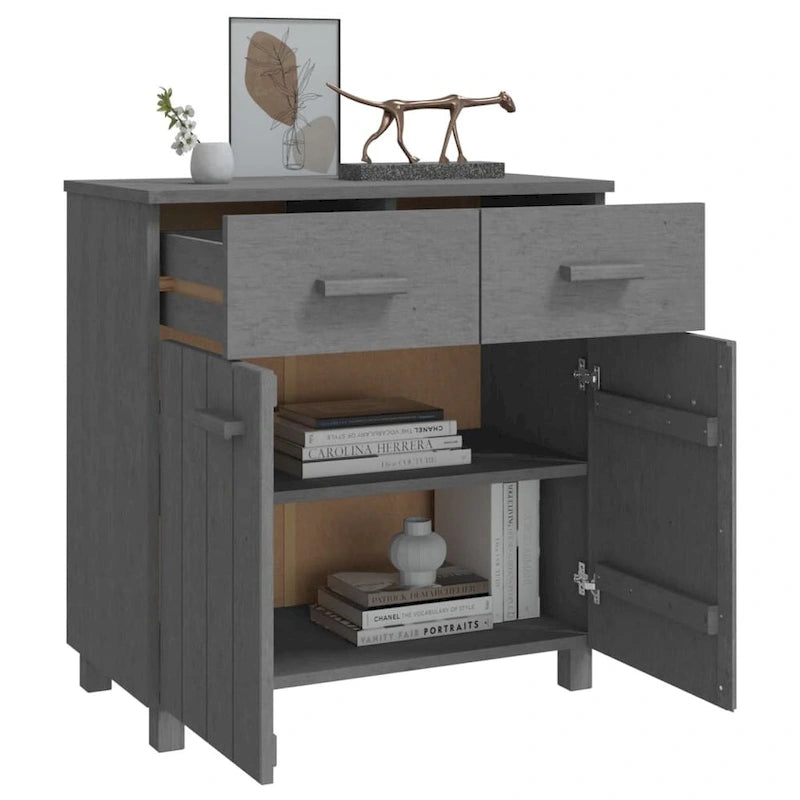 Buffet en pin massif gris clair/blanc avec 2 portes et 2 tiroirs, montage par 1 personne