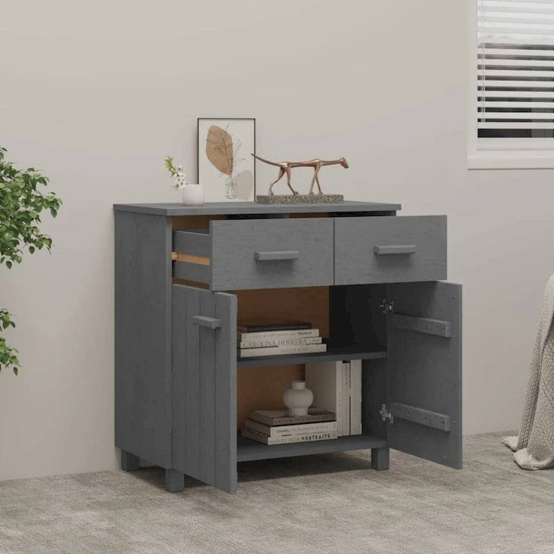 Buffet en pin massif gris clair/blanc avec 2 portes et 2 tiroirs, montage par 1 personne