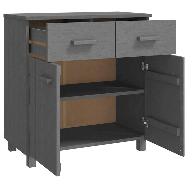 Buffet en pin massif gris clair/blanc avec 2 portes et 2 tiroirs, montage par 1 personne