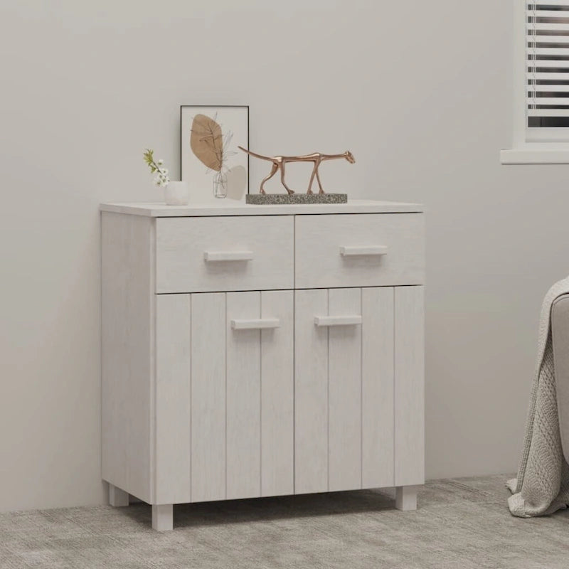 Buffet en pin massif gris clair/blanc avec 2 portes et 2 tiroirs, montage par 1 personne