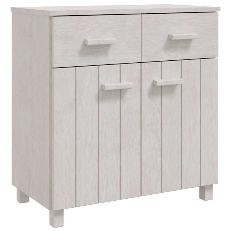 Buffet en pin massif gris clair/blanc avec 2 portes et 2 tiroirs, montage par 1 personne