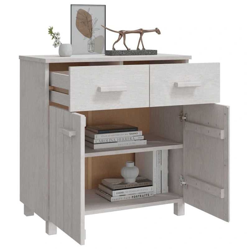 Buffet en pin massif gris clair/blanc avec 2 portes et 2 tiroirs, montage par 1 personne