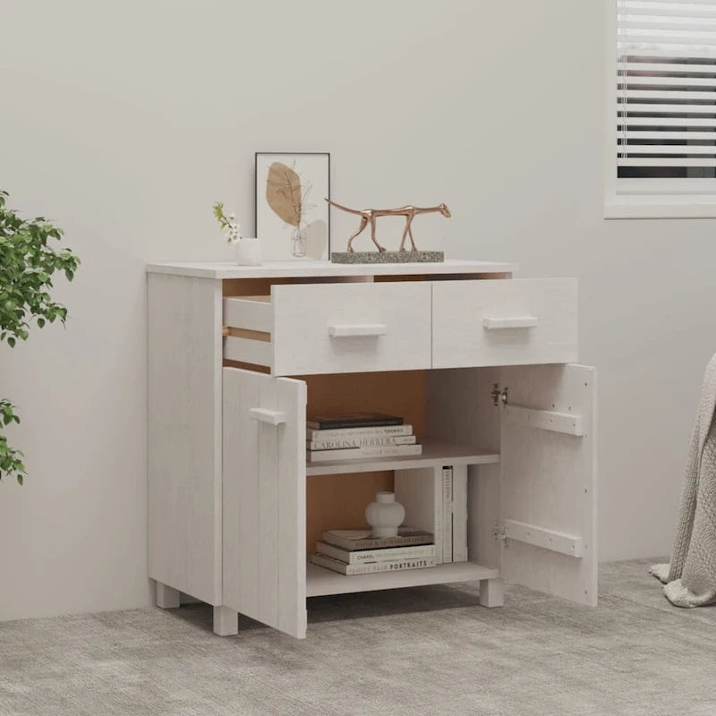 Buffet en pin massif gris clair/blanc avec 2 portes et 2 tiroirs, montage par 1 personne