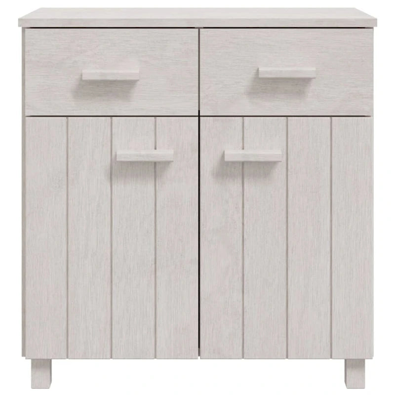 Buffet en pin massif gris clair/blanc avec 2 portes et 2 tiroirs, montage par 1 personne