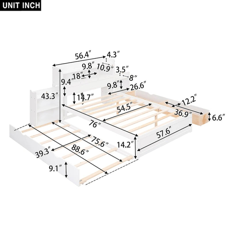 Lit plateforme à rangement intégral blanc/expresso avec lit gigogne, 2 tiroirs et étagères coulissantes