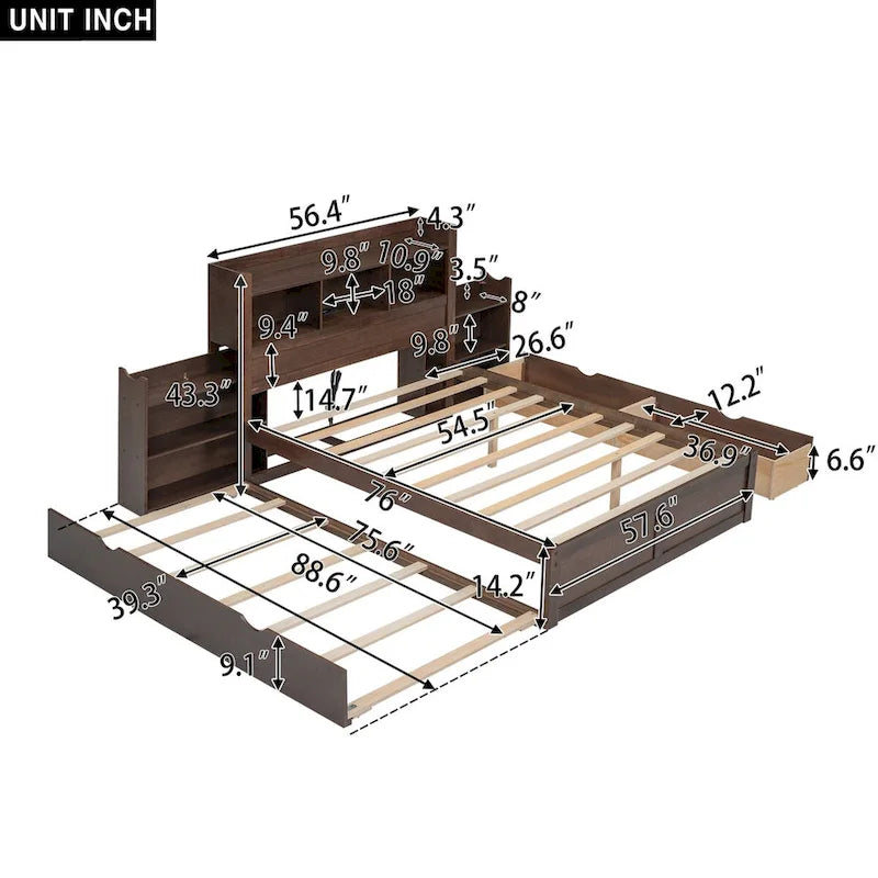 Lit plateforme à rangement intégral blanc/expresso avec lit gigogne, 2 tiroirs et étagères coulissantes