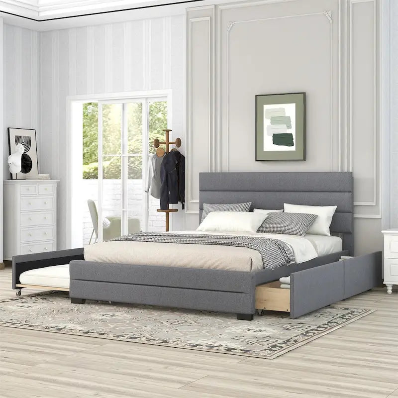 Lit plateforme double en lin beige/gris avec lit gigogne et 2 tiroirs, 2 couchages