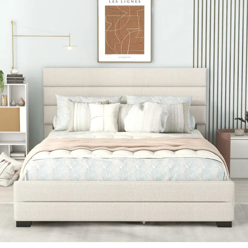 Lit plateforme double en lin beige/gris avec lit gigogne et 2 tiroirs, 2 couchages