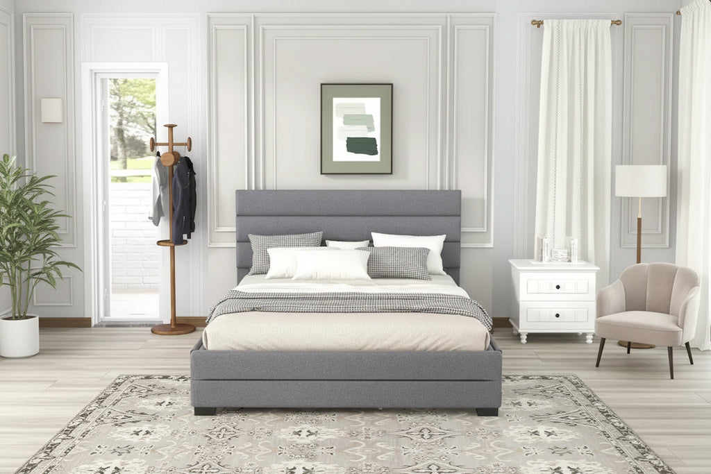 Lit plateforme double en lin beige/gris avec lit gigogne et 2 tiroirs, 2 couchages