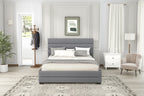 Lit plateforme double en lin beige/gris avec lit gigogne et 2 tiroirs, 2 couchages