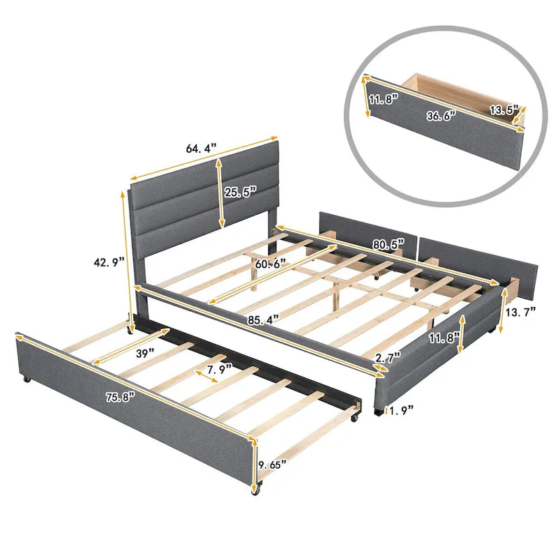 Lit plateforme double en lin beige/gris avec lit gigogne et 2 tiroirs, 2 couchages