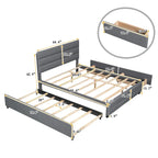 Lit plateforme double en lin beige/gris avec lit gigogne et 2 tiroirs, 2 couchages