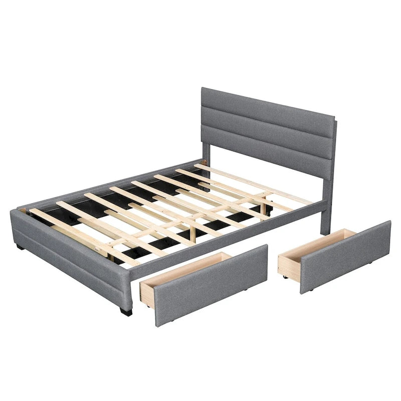 Lit plateforme double en lin beige/gris avec lit gigogne et 2 tiroirs, 2 couchages