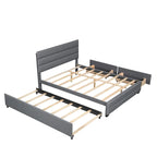 Lit plateforme double en lin beige/gris avec lit gigogne et 2 tiroirs, 2 couchages