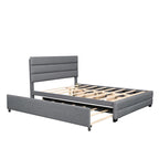 Lit plateforme double en lin beige/gris avec lit gigogne et 2 tiroirs, 2 couchages